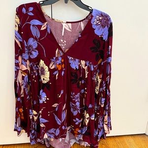 Free People XS burgundy and purple floral tunic long-sleeve v-neck top